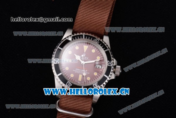 Rolex Submariner Vintage Asia 2813 Automatic Steel Case Red Dial Dot Markers and Brown Nylon Strap - Click Image to Close